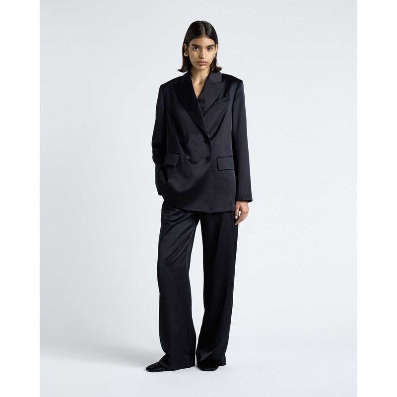 Cue Dark Ink Matte Satin Viscose Double Breasted Blazer image number 3